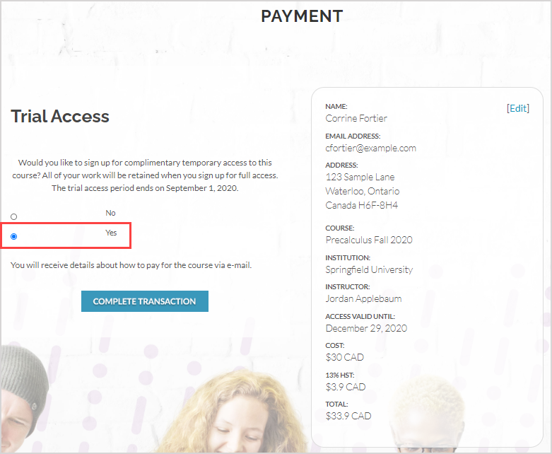 The "Yes" option is selected on the Trial Access page.